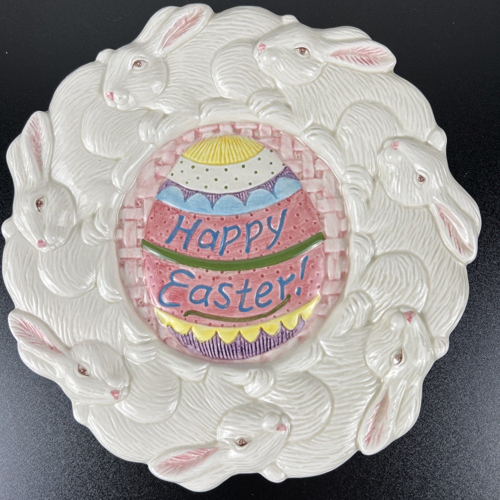 Fitz & Floyd Happy Easter Canape Plate Border of Raised Bunny Rabbits 8