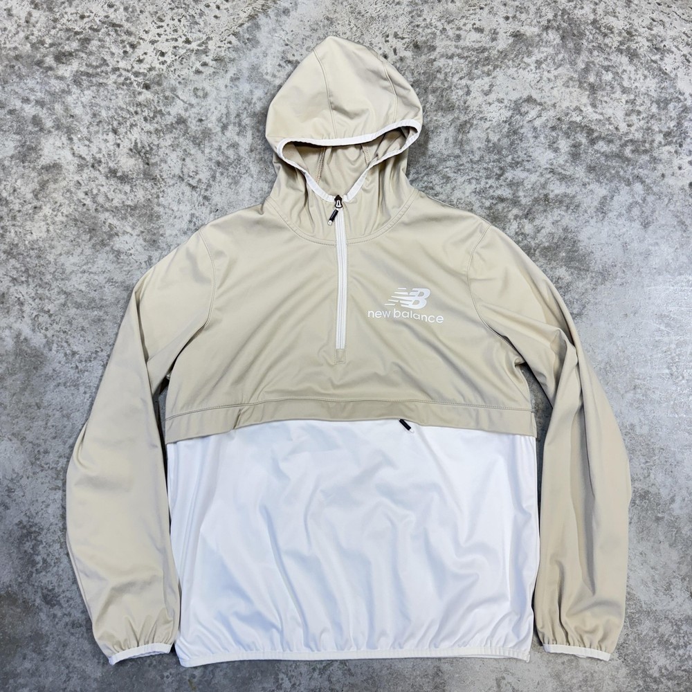 New Balance Jacket womens XL Beige White Hooded 1/2 Zip Pullover Windbreaker