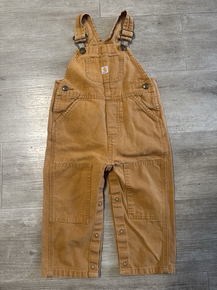 Carhartt Kids Toddler Tan Canvas Double Knee Bib Overalls Brown 24M
