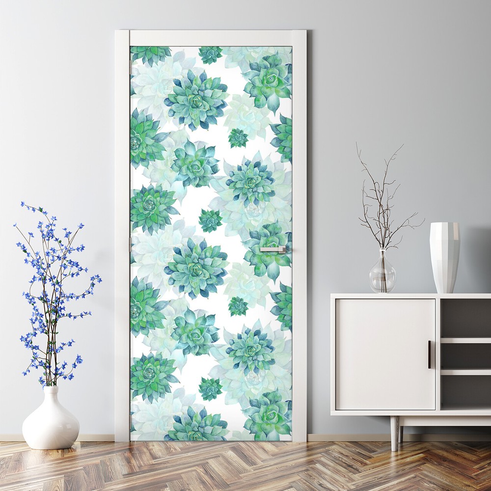 Turquoise succulent self-adhesive door decal in green blue and white