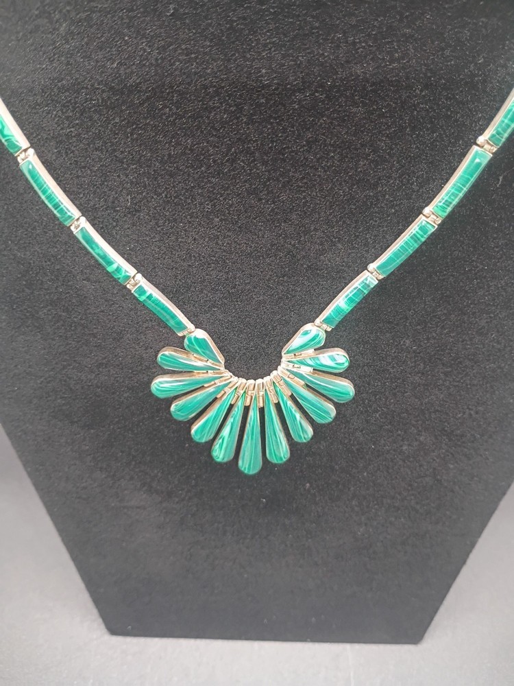 Rare Vintage 950  Mexico Sterling Silver Malachite Necklace