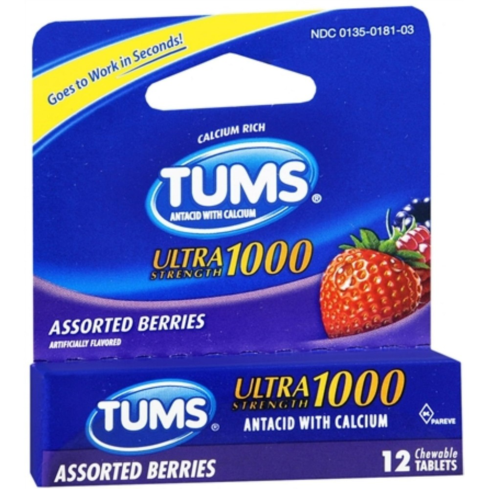 Tums Ultra Strength Antacid 1000mg Assorted Berry 12 Tablets
