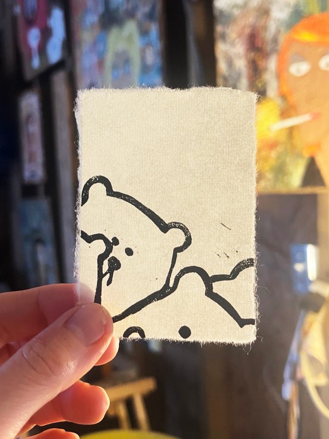 NEW Original Linocut ACEO Bear Petals #24 Hand-Pulled Printmaking Mini Art Card
