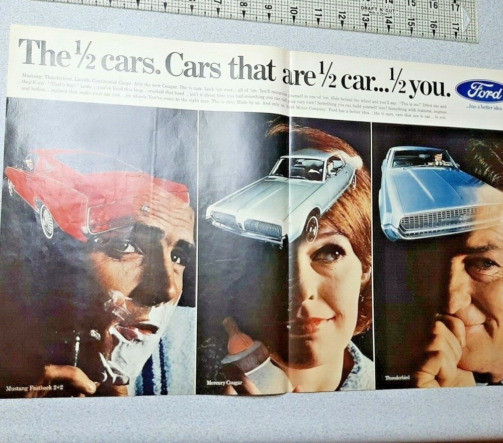 1967 Ford Mercury Vintage Print Ad 2 Page Mustang Fastback Cougar Thunderbird