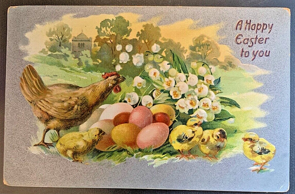 Tuck's Easter Postcard Series 701 Happy Easter Silver Hen Chicks Eggs
