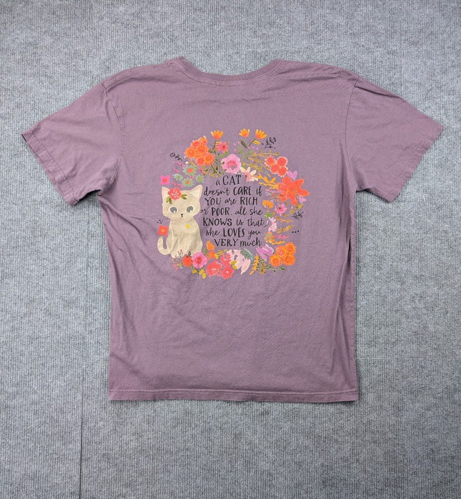 Natural Life Cotton Shirt Womens Medium Novelty Cat Graphic Boho Floral Kitschy