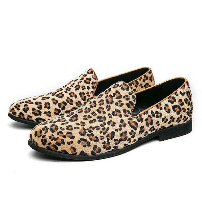2025 Mens Leopard Pattern Slip on Round Toe Loafers Casual Driving Gommino Shoes
