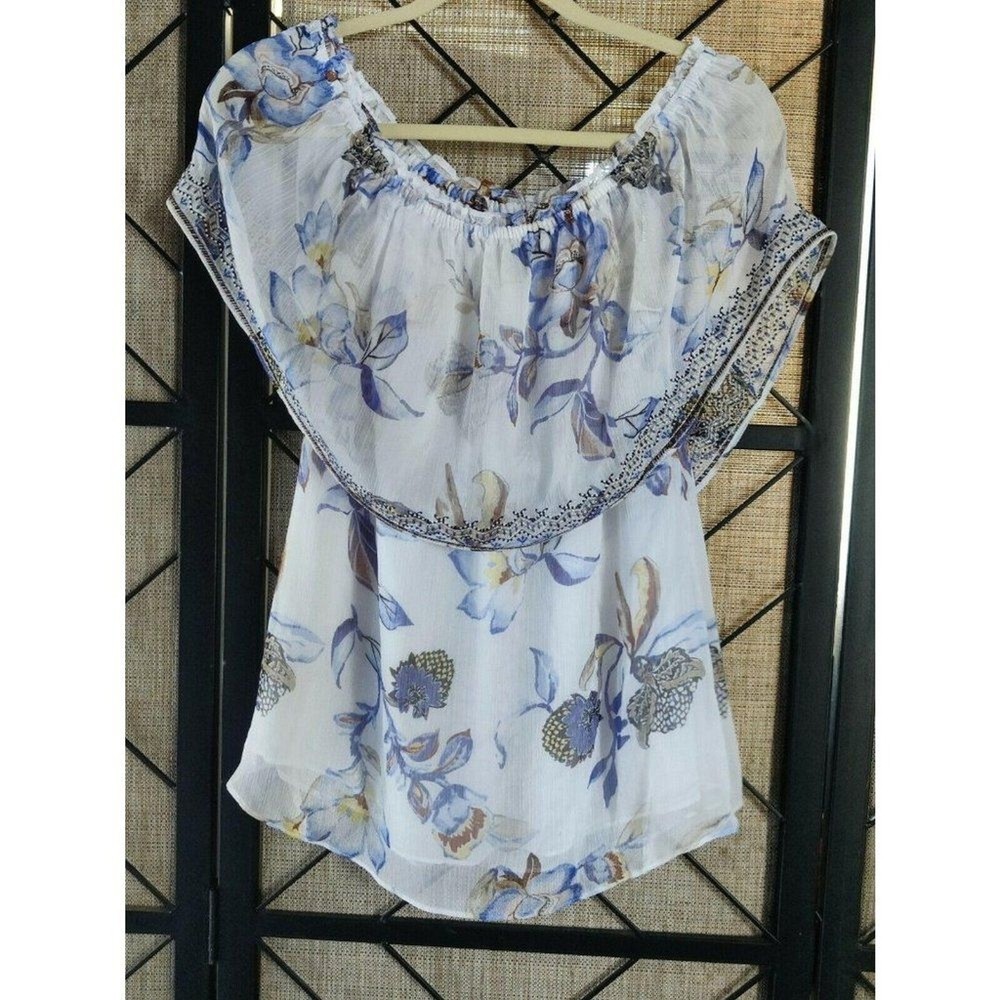 White House Black Market Off The Shoulder Blue White Floral Embroidered Top Sz S