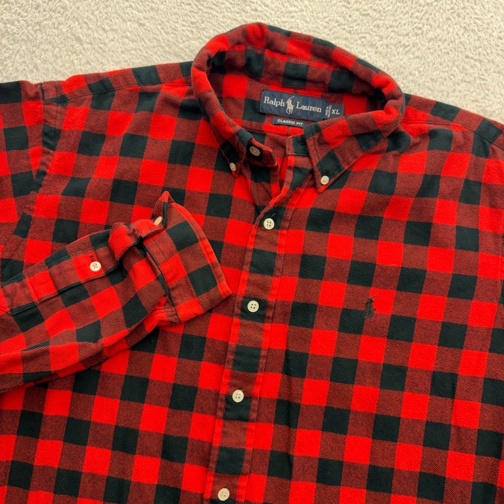 Ralph Lauren Mens XL Classic Fit Red Black Buffalo Plaid Flannel Button Shirt