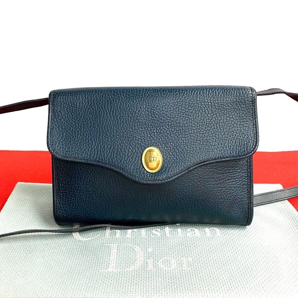 Christian Dior CD Logo Leather Shoulder Bag Navy Blue Vintage