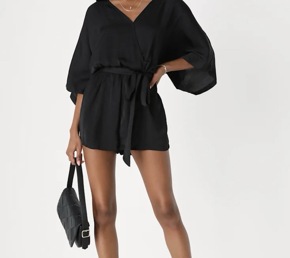 Lulus Black Surplice Dolman Sleeve Romper Medium Belted Elastic Waist