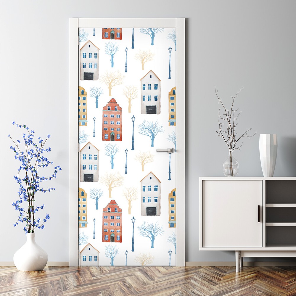 Buildings removable white Door Decal Reusable self adhesive wallpaper Door Decal
