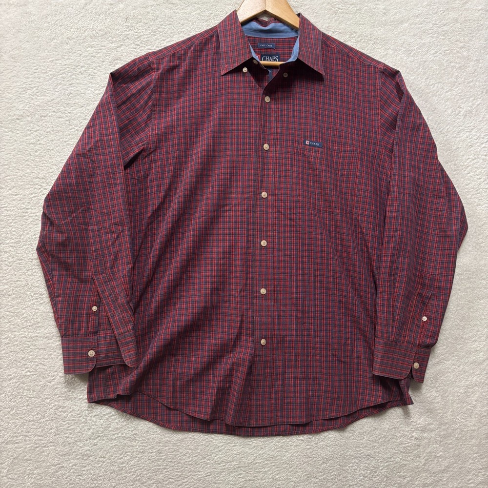 Chaps Shirt Mens Large L Long Sleeve Easy Care Red Blue Plaid Button Up Pocket