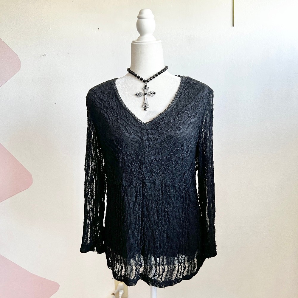 Vintage Black Lace Sheer Top Gothic Witchy Whimsigoth Vampire Edgy XL