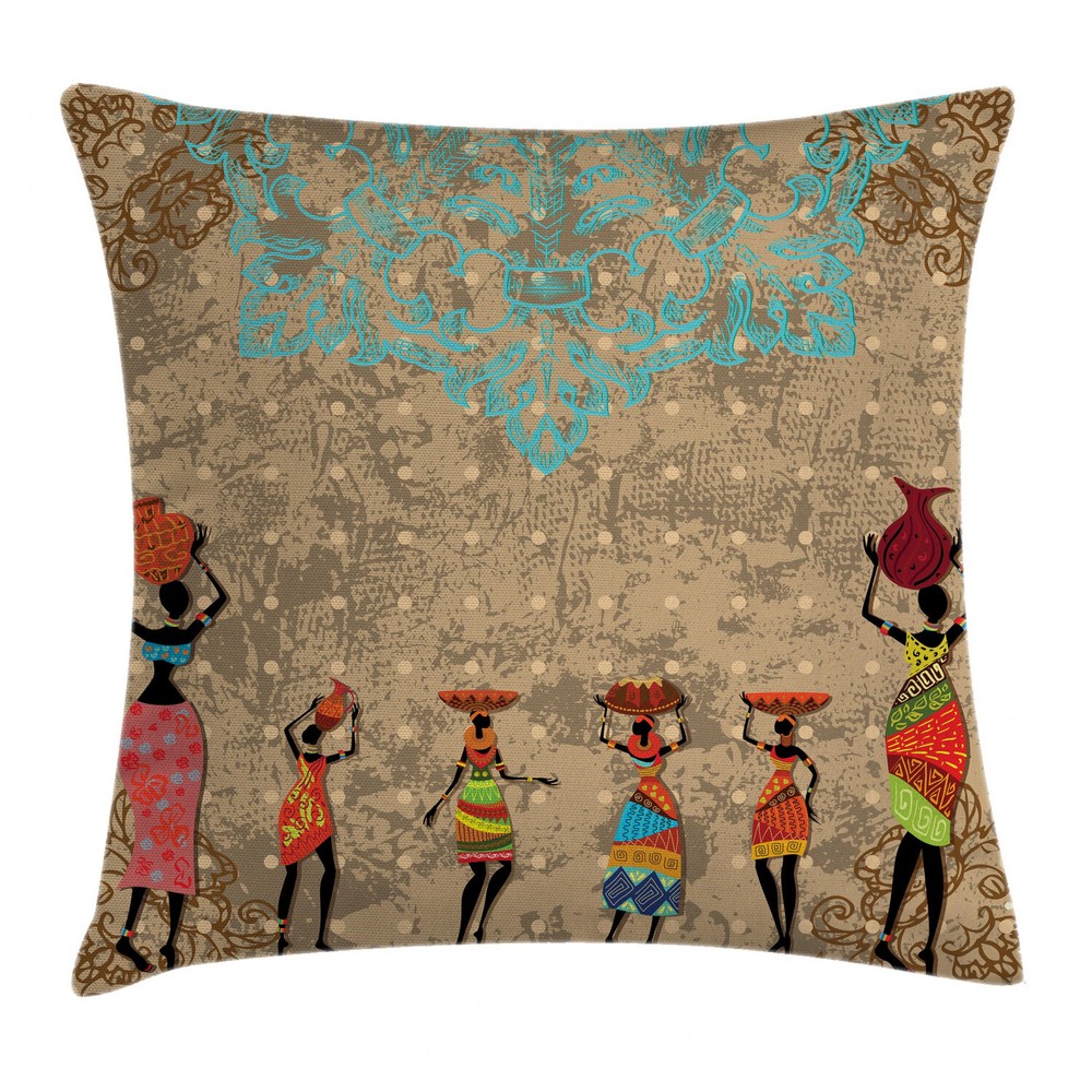 Vintage Boho Folkloric African Square Pillow Cover 24 Inches