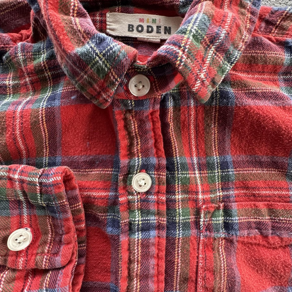 Mini Boden Shirt Boys 5-6Y Red Tartan Plaid Flannel Button Front Top Cotton