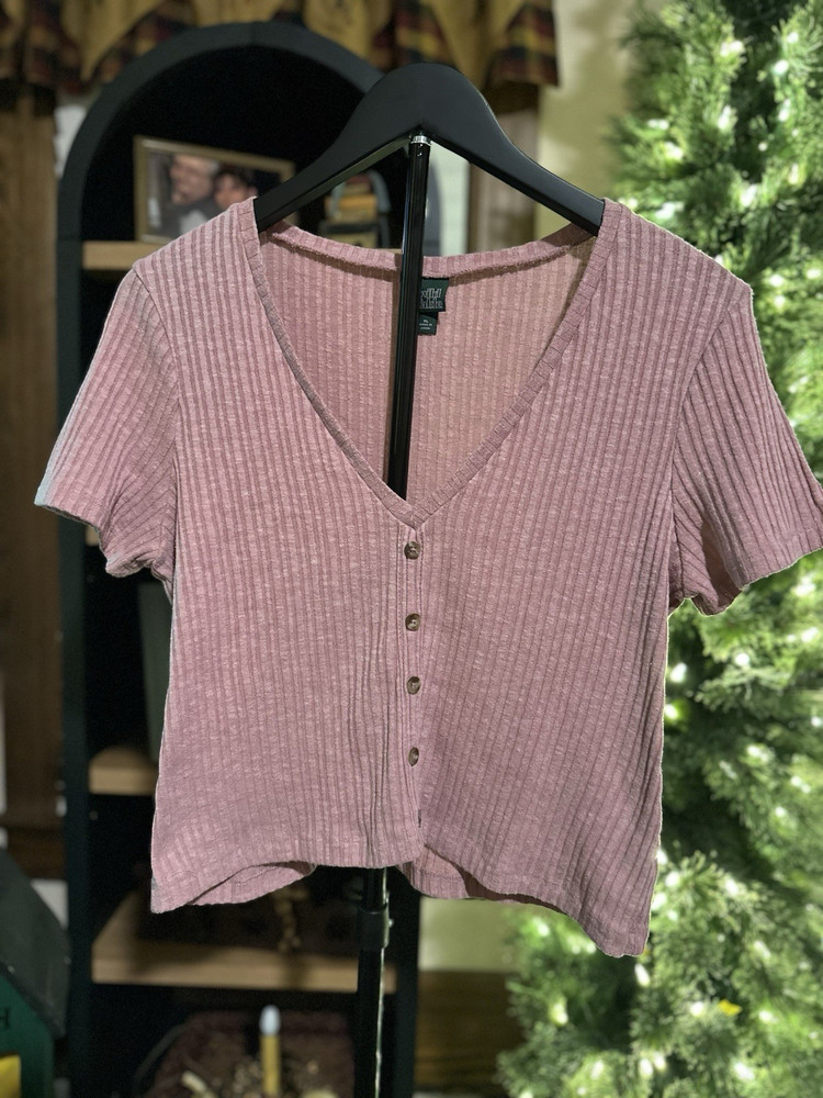 Wild Fable Pink Solid Ribbed Knit V-Neck Short Sleeve Button Front Crop Top XL