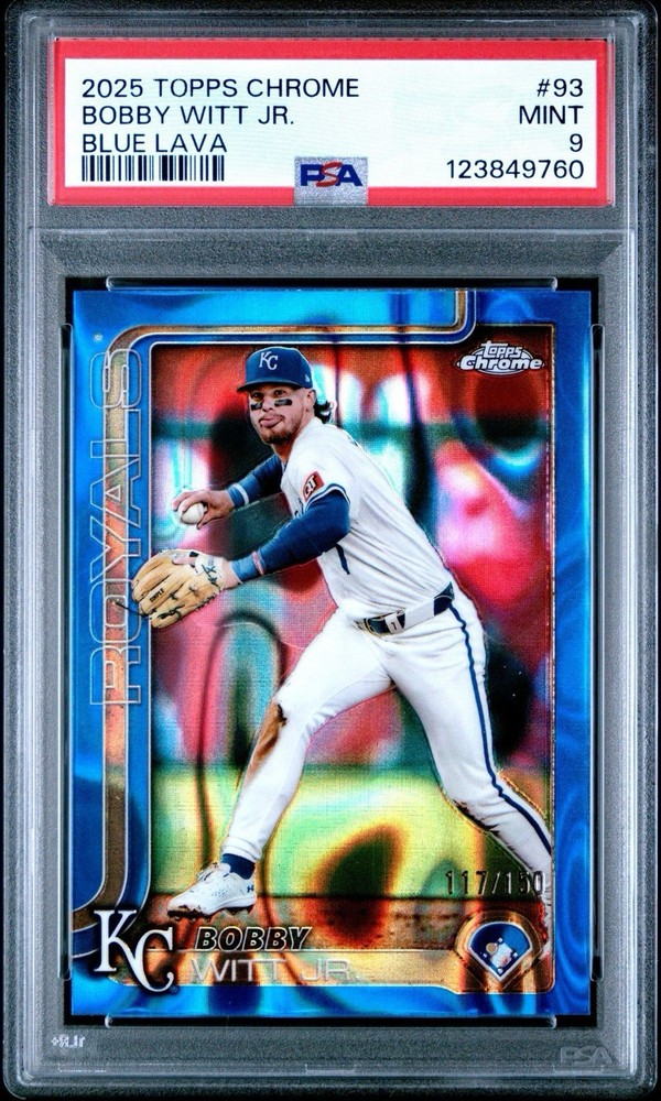 2025 TOPPS CHROME #93 BOBBY WITT JR /150 BLUE LAVA POP 1 PSA 9