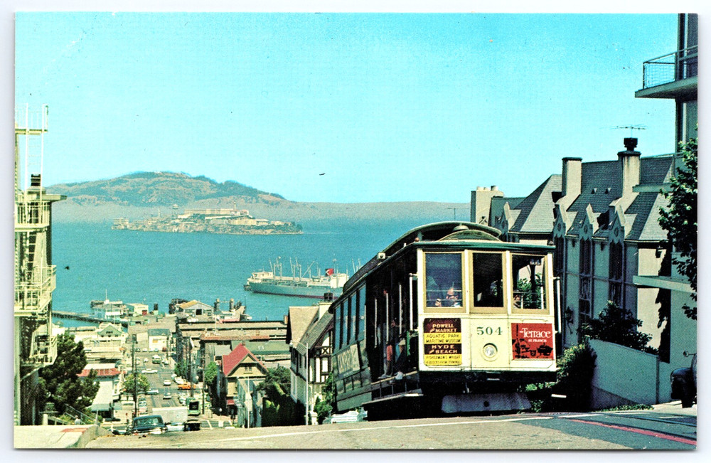 San Francisco California Cable Car Hill Alcatraz Prison Vintage Photo Postcard