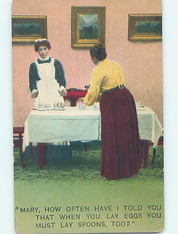 Bamforth comic WOMAN TALKING TO HER MAID AT TABLE : make an offer HL3192