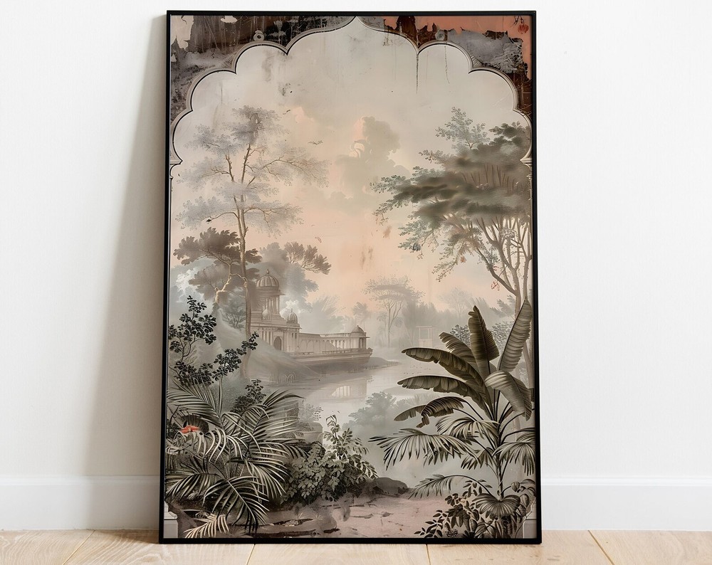 Vintage Indian Art Forest Ruins Painting Tropical Old Time Art Decor Unique