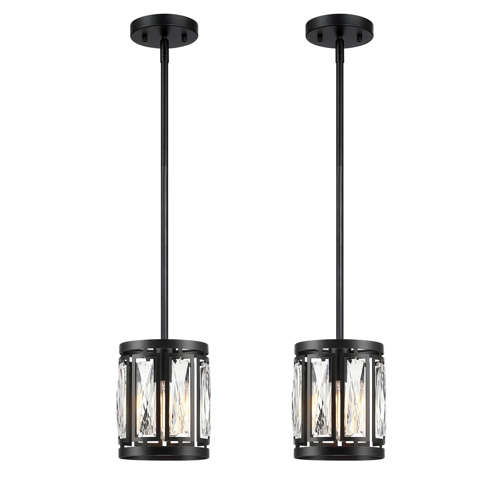 Matte Black Crystal Drum Shade Chandelier Pendant Light Fixture 2-Pack