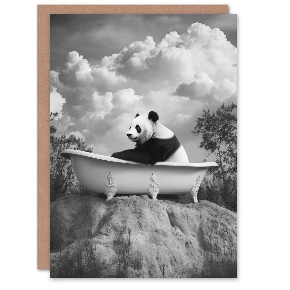 Panda Bear in Elegant Bathtub Black White Surreal Birthday Greeting Card
