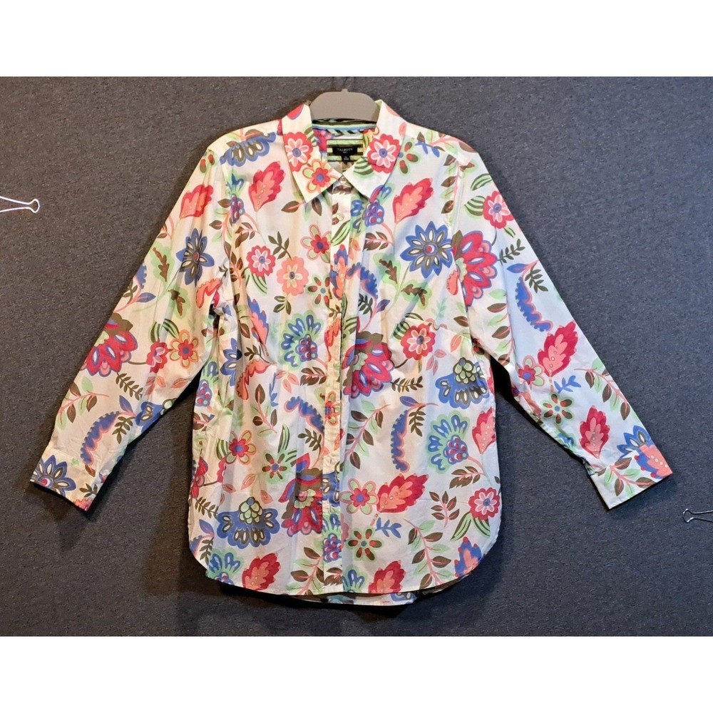 Talbots Plus Womens 1X Floral Button Down Shirt Long Sleeve Cotton White Multi