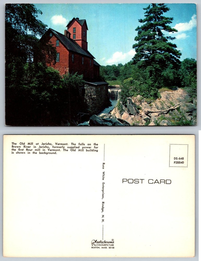 Old Mill Jericho Vermont Brown River Falls VT Plastichrome Postcard