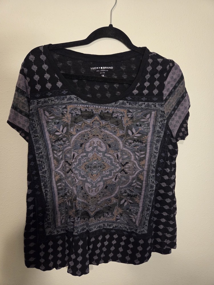 Lucky Brand Black Gray Geometric Scoop Neck Short Sleeve T-Shirt Women's 1X