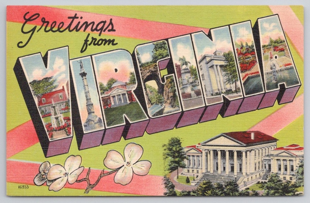 Greetings from Virginia Large Letter Linen Postcard Dogwood State Capitol 1940s
