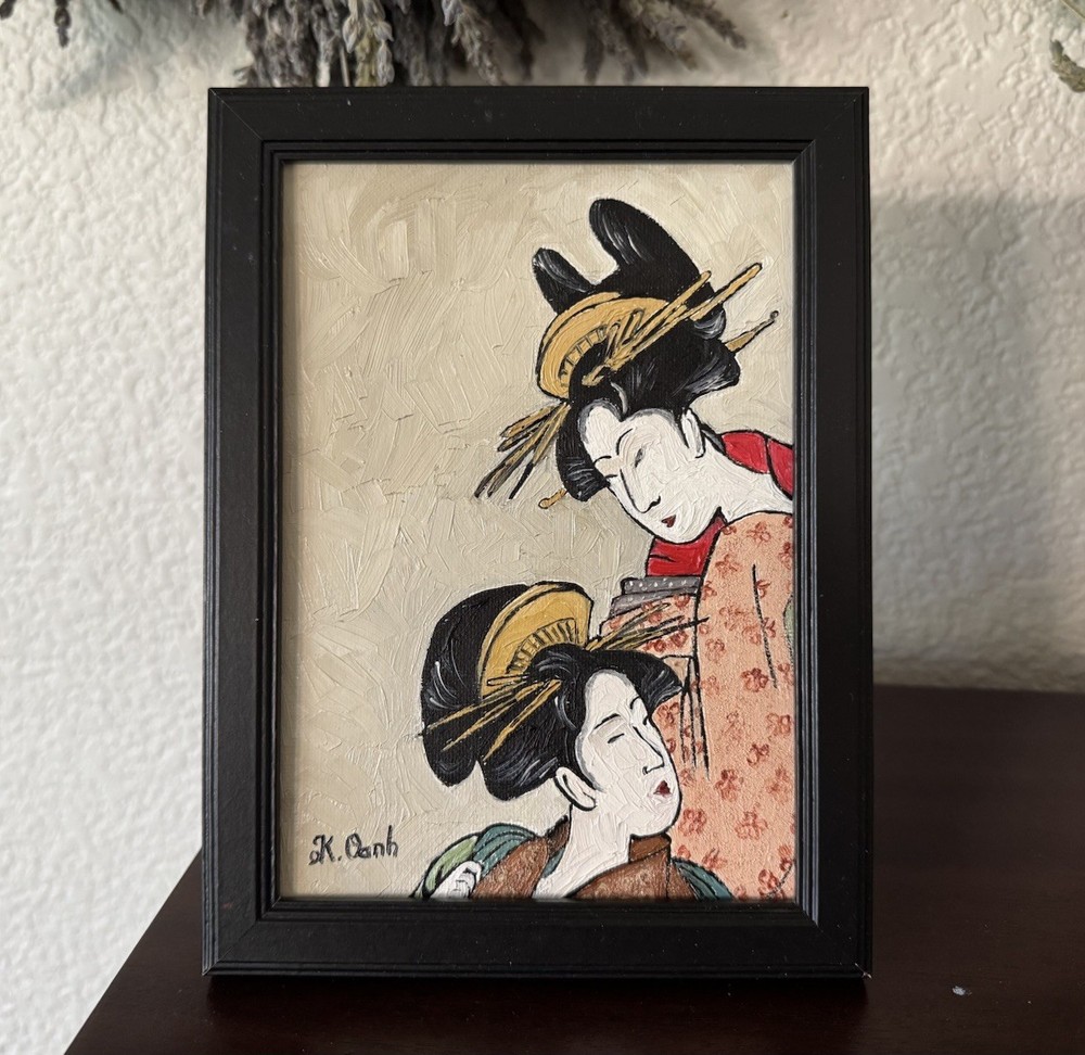 ORIGINAL OIL PAINTING TRADITIONAL JAPANESE WOMEN GEISHA SIGNED FRAMED 5x7
