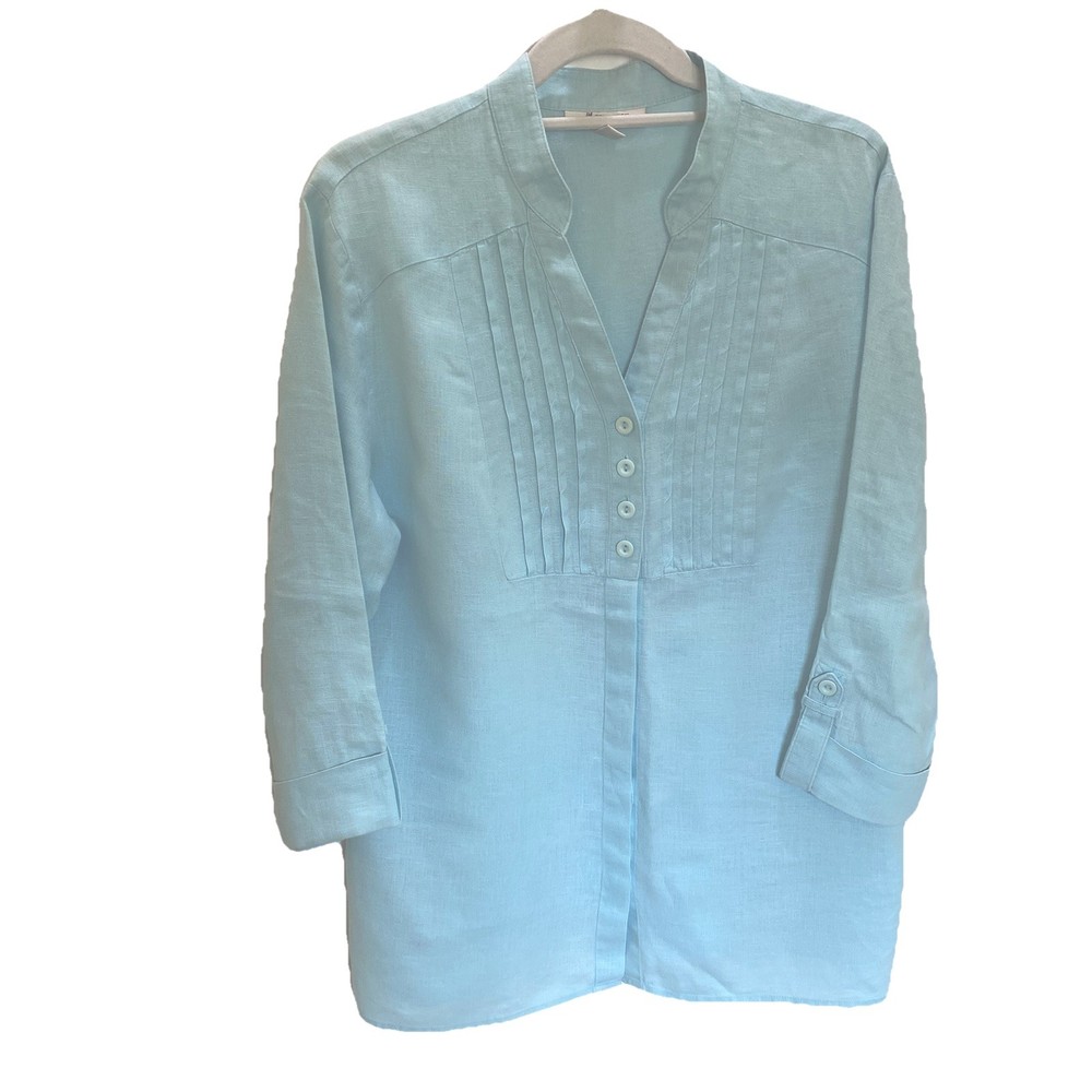 JM Collection size 12 Pale Blue Mint 100% Linen Blouse Long Roll Tab Sleeve