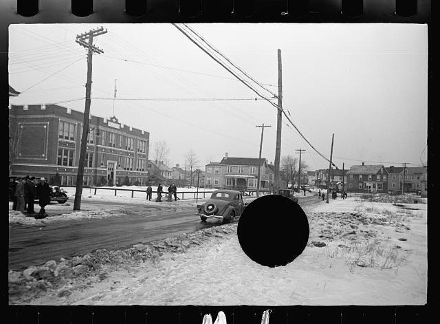 Photo:Snowy Street Scene 1930s Automobile Utility Poles Winter Town