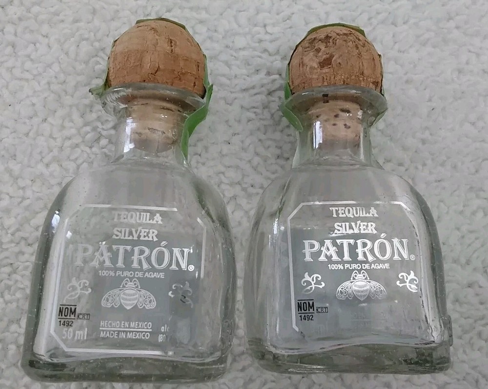 Tequila Silver Patron Empty Mini Glass Bottles 50ml Lot of 2 Corks Agave Mexico