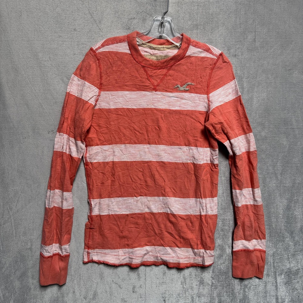 Hollister Shirt Mens Small Orange White Striped Long Sleeve Crewneck Logo Tee