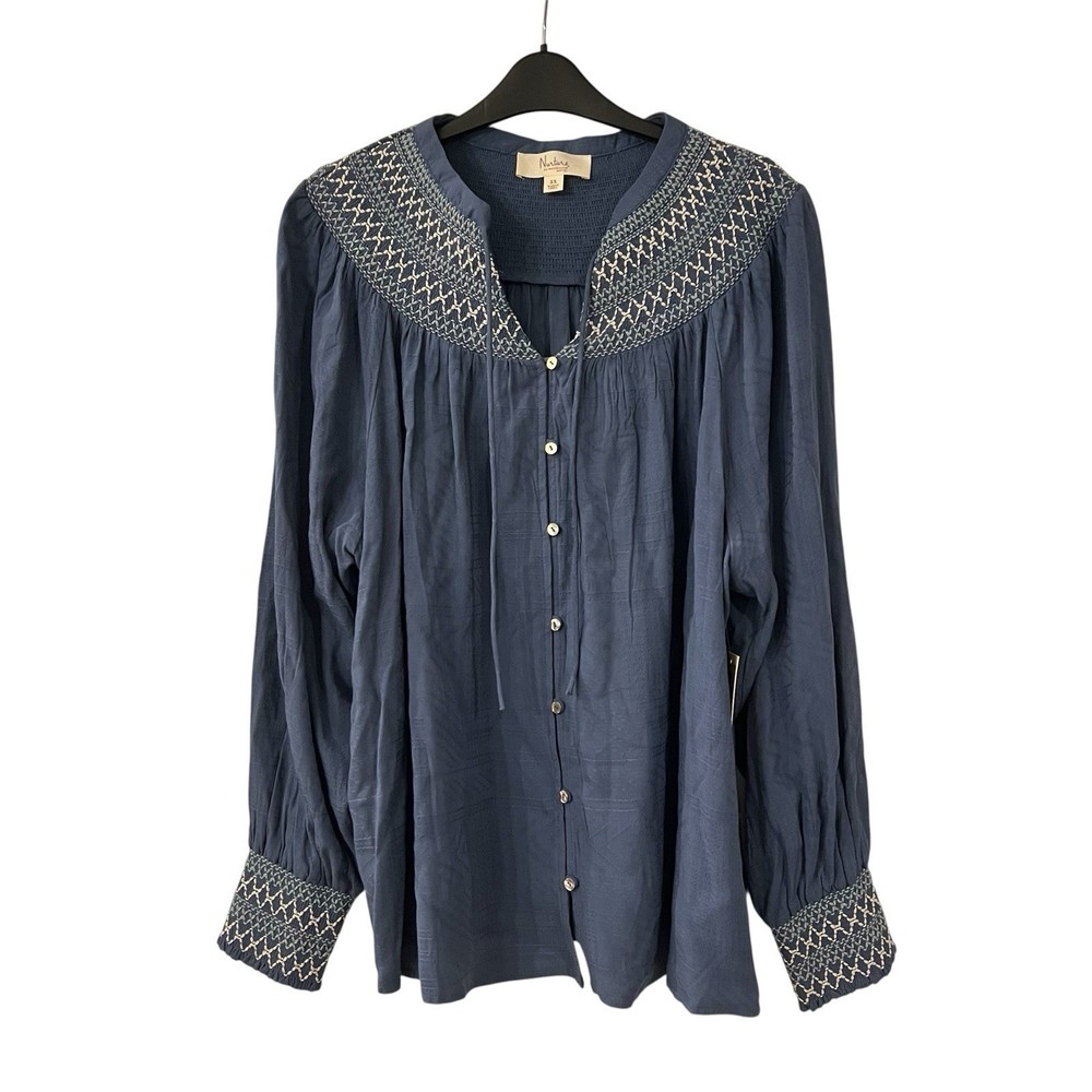 Nurture By Westbound Button Front Top Women's 2X Blue Embroidered Boho Western