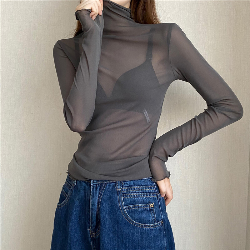 Sheer Mesh Long Sleeve Turtleneck Blouse for Women Sexy See Through Top