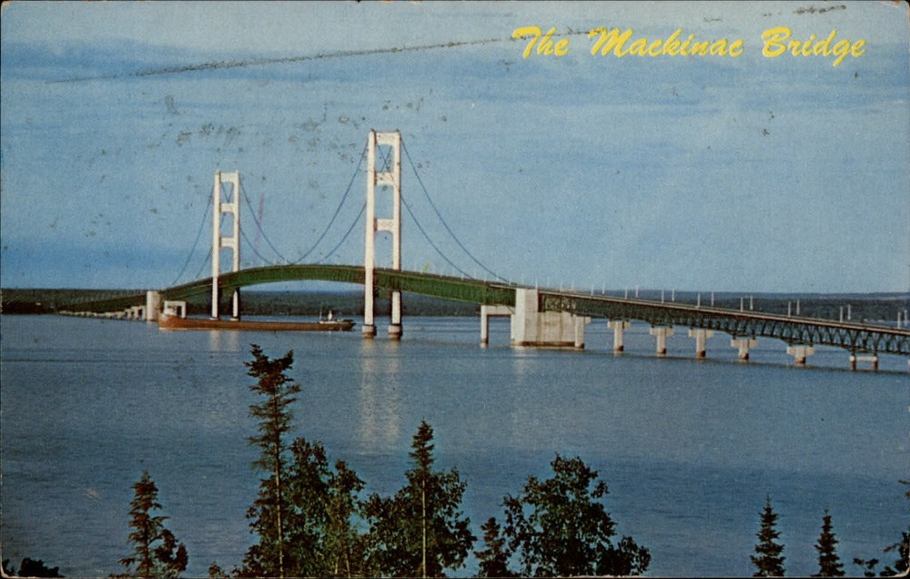 Michigan Mackinac Bridge upper lower peninsulas ~ 1950-60s vintage postcard