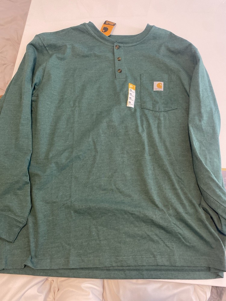 Carhartt Shirt Mens 2XL Loose Fit Green Long Sleeve Henley Pocket Workwear Logo