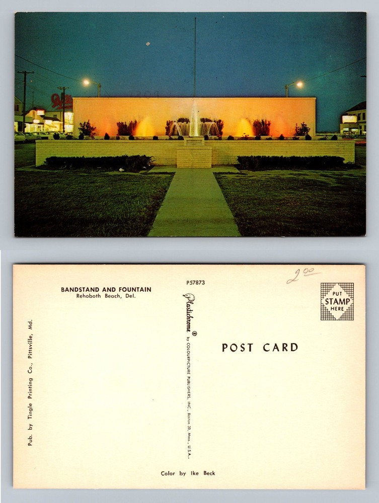 Rehoboth Beach, DE-Delaware, Bandstand and Fountain Souvenir, Vintage Postcard