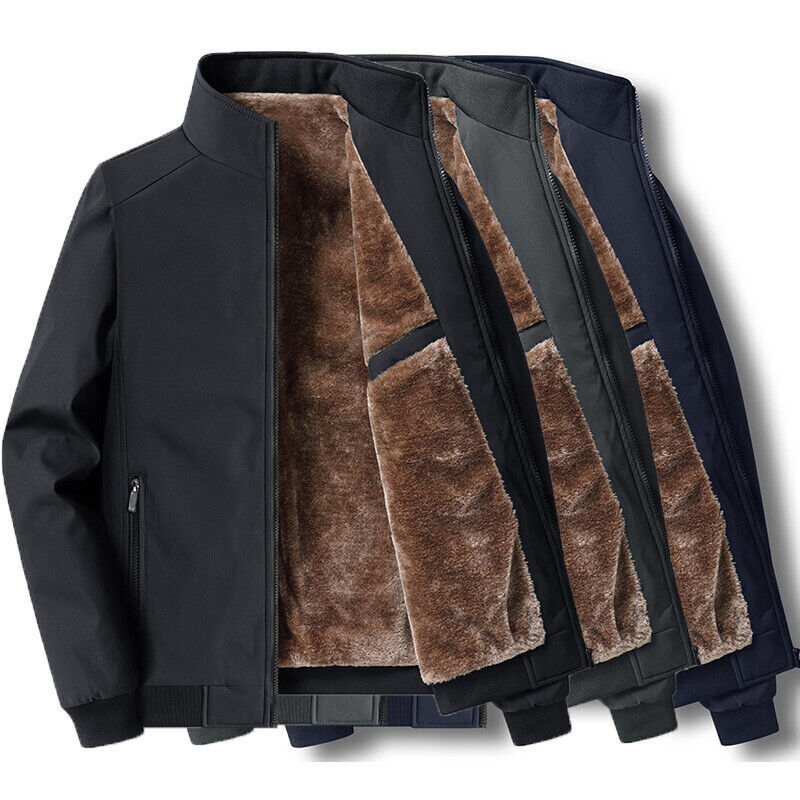 Casual Men Fleece Lined Jacket Thick Winter Warm Zip Up Coat Long Sleeve Outwear
