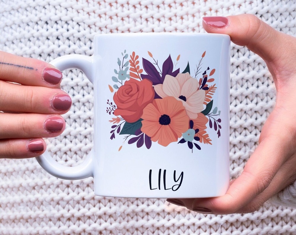 Personalized Elegant Flower Mug Custom Name Coffee Gift For Her  