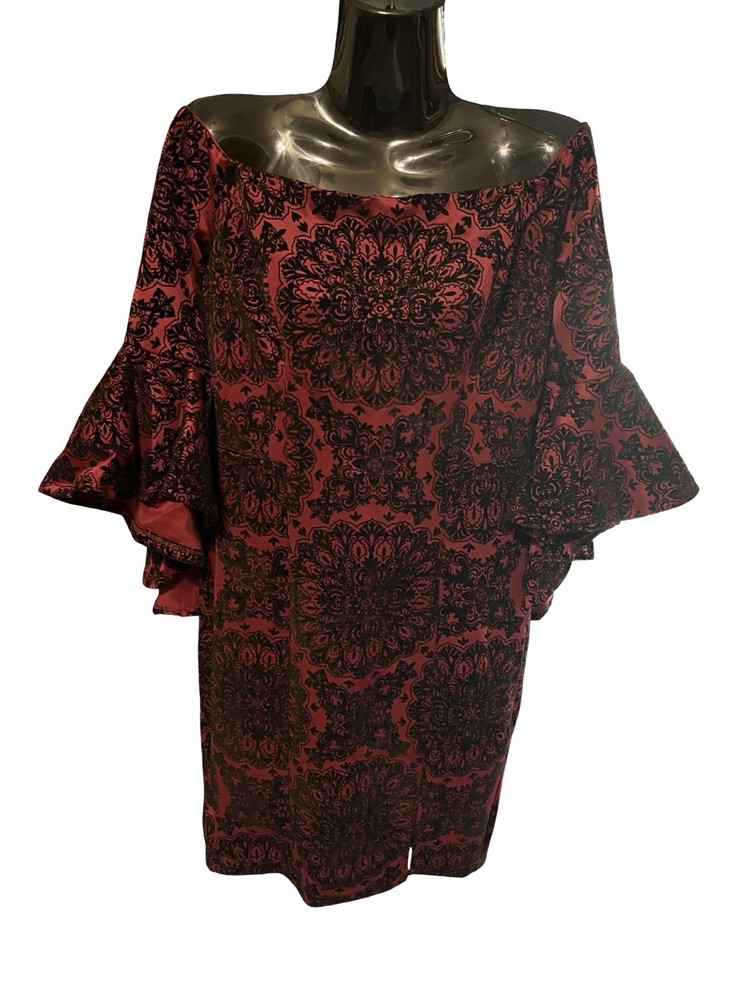 Venus Women’s Sz 10 Burgundy/Black Off Shoulder Large Flare Sleeves Formal Dress