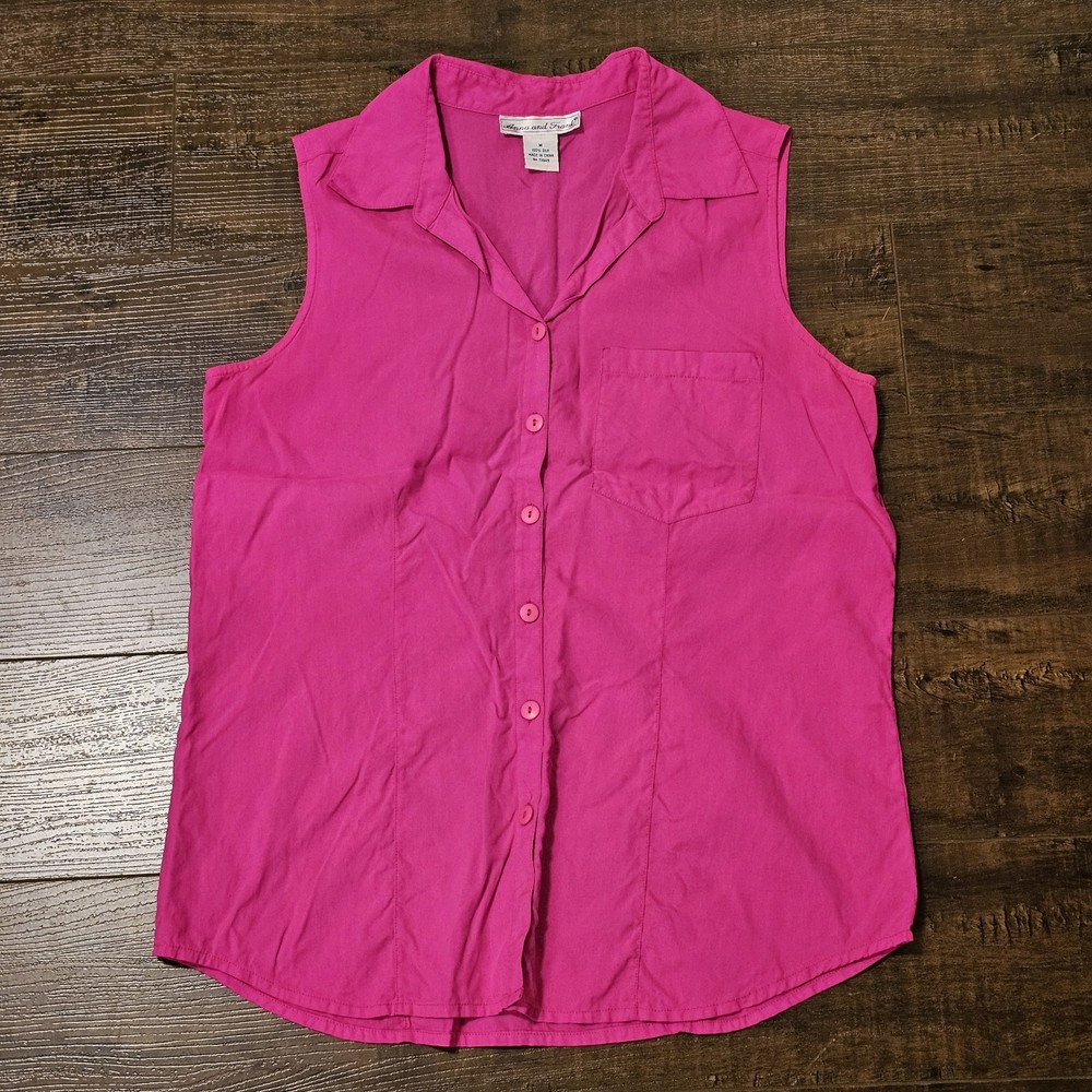 Anna and Frank Women’s Medium Pink 100% Silk Sleeveless Button Blouse Classic