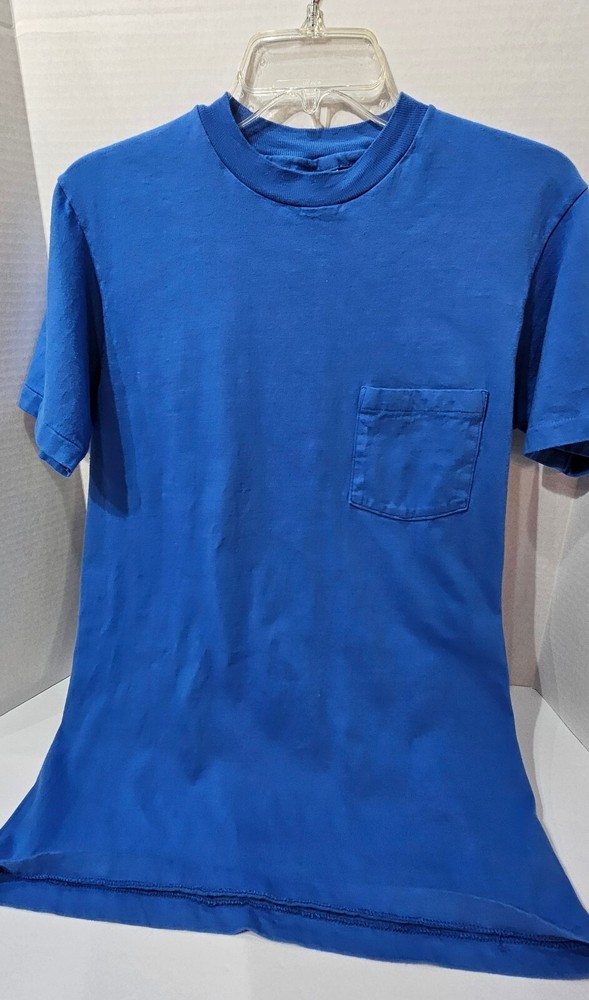 Vtg Hanes 100% Cotton Adult M Made In USA Blue Single Stitch Pocket T-Shirt EUC