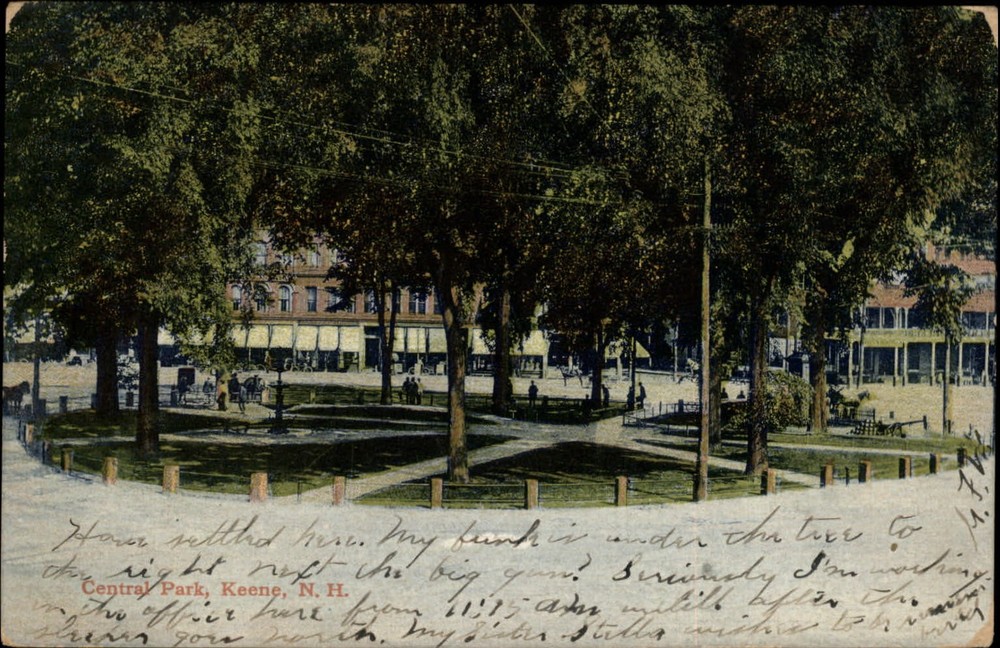 Central Park ~ downtown stores ~ Keene New Hampshire ~ 1907 vintage postcard