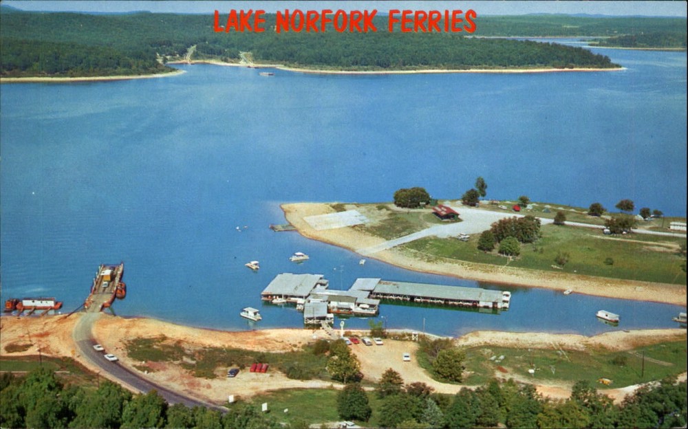 Lake Norfork Ferries ~ Henderson Arkansas ~ 1960s aerial postcard
