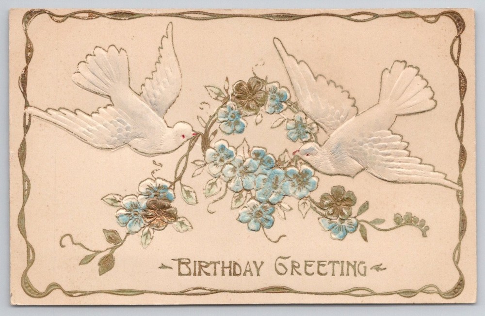 Embossed Birthday Doves & Flowers Postcard - Pennsylvania Address 1910s