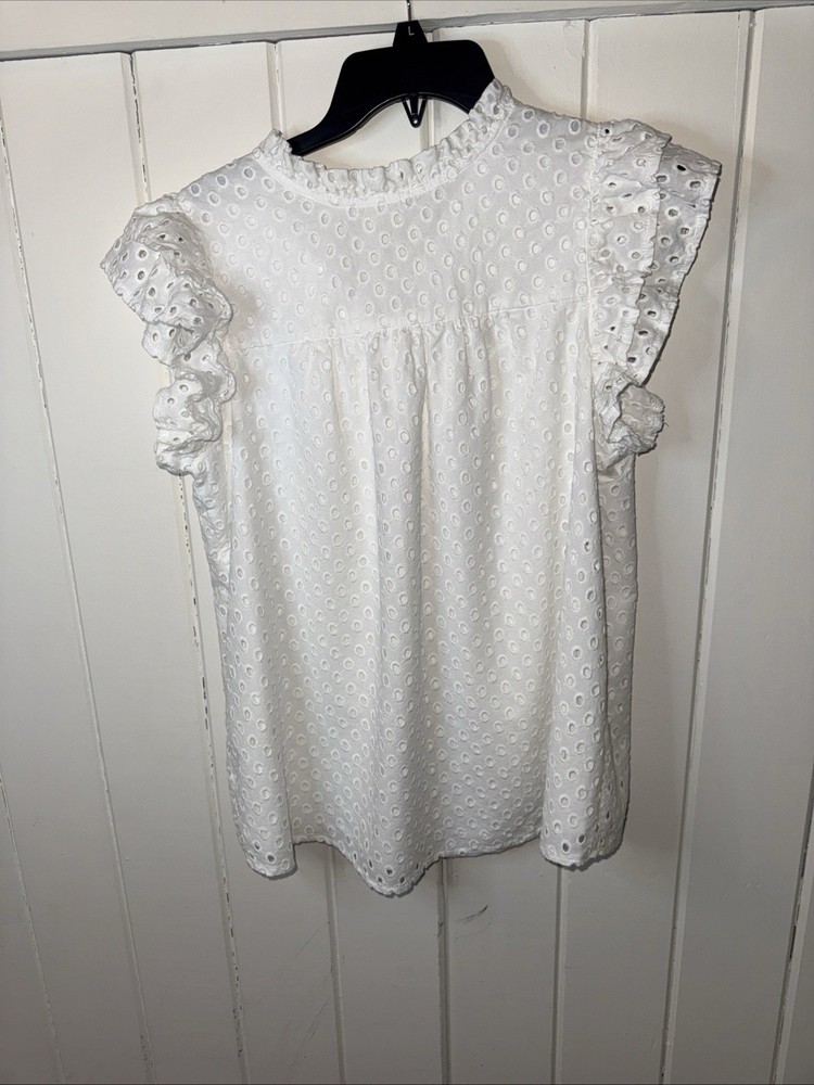 BTFBM White Eyelet Lace Ruffle Cap Sleeve V-Neck Blouse Top Size Large Romantic